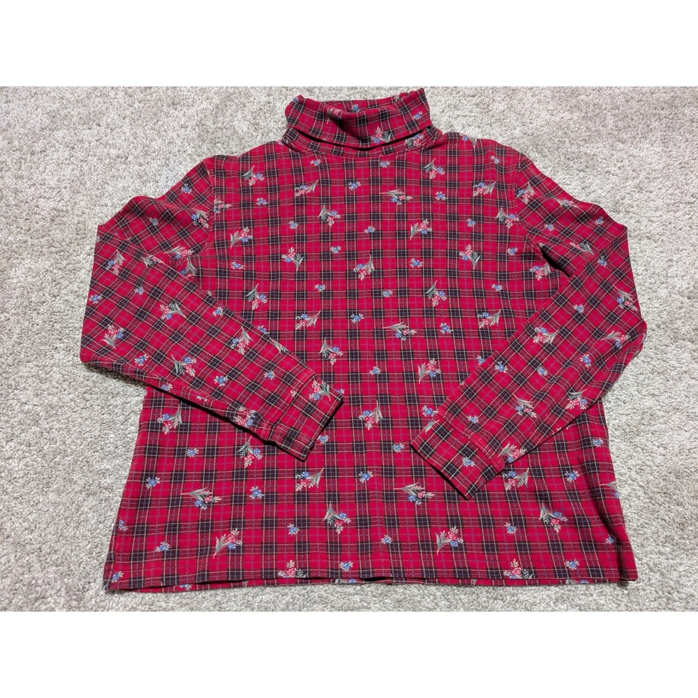VTG Classic Elements Petite Red Plaid Floral Turtleneck Long Sleeve Top Women L